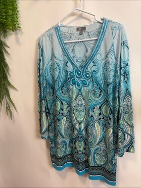 JM Collection Teal Aqua Paisley Beaded V-Neck Tunic
